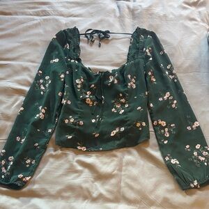 Abercrombie & Fitch Forest Green Floral Square-Neck Long Sleeve Top